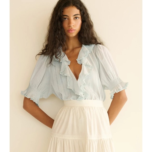 Doen Tops - DOEN Henri Top Alice Blue Ruffle Pintuck Women's XS Edwardian Cottagecore